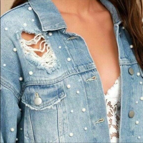 Free People Sunday Funday Pearl  Denim Jacket sz S - Picture 3 of 14